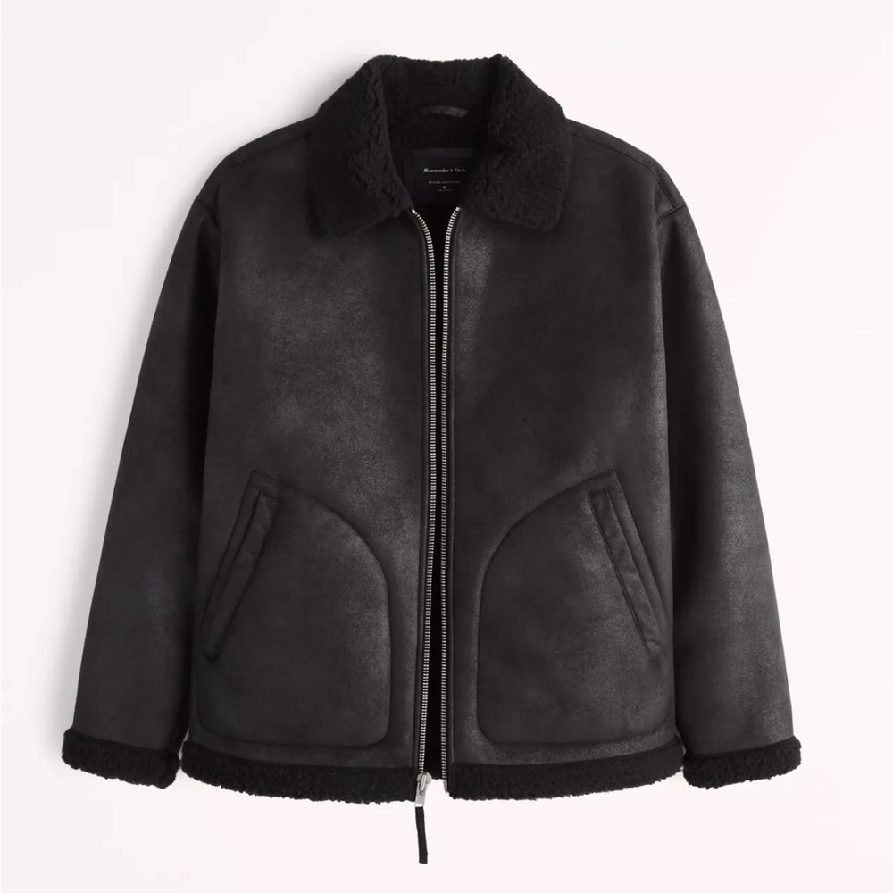 Abercrombie‎ & Fitch Relaxed Vegan Suede Full Zip Bomber Jacket in Black XL $180